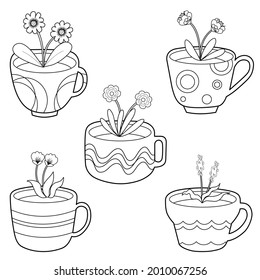 Cute Set of coffee cup pots designs for coloring | Potted plants | Flowers