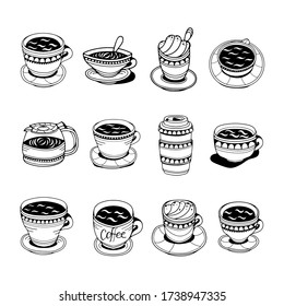 Cute set of coffee cups. Doodle vector illustration. Isolated on white background.