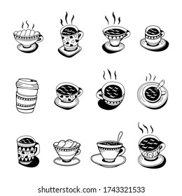 Cute set of coffee cups. Doodle vector illustration. Isolated on white background.
