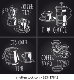 Cute set of coffee and tea cups on chalkboard background. Hand drawn vector illustration.