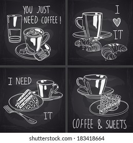 Cute set of coffee and tea cups, croissant  and cake on chalkboard background. Hand drawn vector illustration.