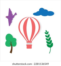 Cute Set collection. Balloon, bird, tree, cloud, leaves. Isolated on white background

