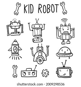 Cute Set Collection With Childish Robot And Different Items Funny Drawing. Children Robo Cartoon Isolated On White Background. Old Vintage Kid Toys Sketch Doodle Vector Illustration