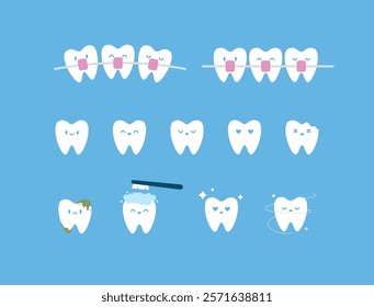 cute set collection of tooth cartoon mascot simple flat icon style illustration in white color