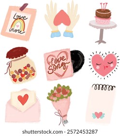  cute set collection of valentines wedding doodle element ornament hand drawn watercolor crayon love letter doodle clipart digital sticker romantic heart