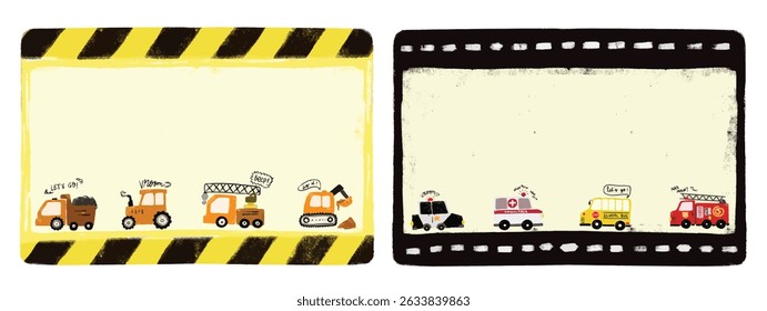 cute set collections blank empty community rescue teams construction site excavator car vehicle design for Name Label sticker school memo note book pastel crayon doodle watercolor illustration sticker
