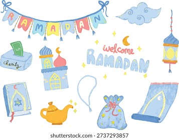 Cute set collections of hand drawn blue peach yellow watercolor ramadan kareem islamic moslem eid al fitr mubarak icon doodle in pastel soft colors elements kids illustration sticker clipart