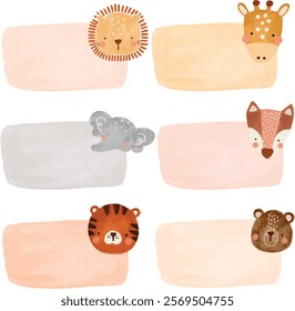 cute set collections Name Label gift sticker animal head scandinavian jungle forest zoo birthday school note book