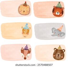 cute set collections Name Label birthday gift party sticker animal head scandinavian jungle forest zoo school note book pastel watercolor illustration