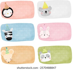 cute set collections Name Label birthday gift party sticker animal head scandinavian jungle forest zoo school note book pastel watercolor illustration