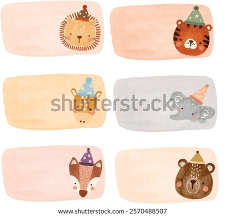 cute set collections Name Label birthday gift party sticker animal head scandinavian jungle forest zoo school note book pastel watercolor illustration