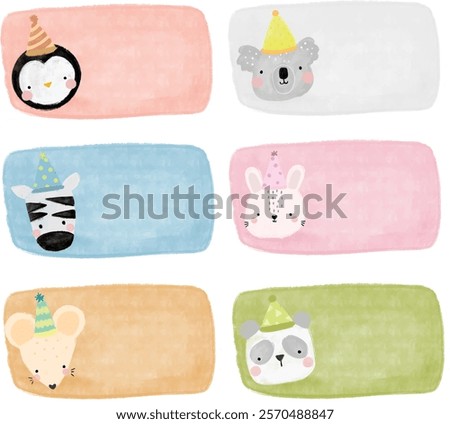 cute set collections Name Label birthday gift party sticker animal head scandinavian jungle forest zoo school note book pastel watercolor illustration
