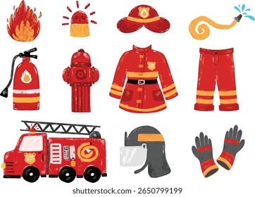 Cute set collections of red hand drawn fireman firefighter suit jacket uniform safety worker element doodle kids cartoon illustration crayon watercolour clipart