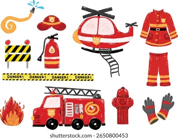 Coleções de conjuntos bonitos de bombeiro puxado à mão vermelha casaco fogo terno uniforme segurança trabalhador elemento doodle crianças desenho animado giz aquarela clipart vetor