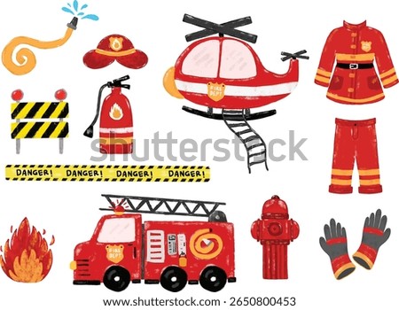 Cute set collections of red hand drawn fireman firefighter fire engine suit jacket uniform safety worker element doodle kids cartoon illustration crayon watercolour vector clipart