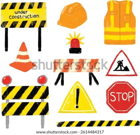 Cute set collections of safety road sign construction site worker doodle kids illustration watercolor street traffic element boy birthday party theme