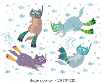 Cute set collections with swimming cats surrounded by fishes and jellyfishes. Cat diving in flippers and mask. Vector illustration can be used for postcards, fabric printing, bedclothes, wallpaper.