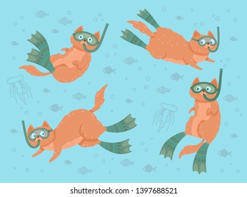 Cute set collections with swimming cats surrounded by fishes and jellyfishes. Cat diving in flippers and mask. Vector illustration can be used for postcards, fabric printing, bedclothes, wallpaper.