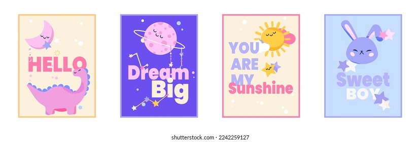 Cute set of colorful boho clipart nursery posters. Cartoon vector illustration of baby shower card or bedroom decoration with sweet dinosaur, sun, moon, star and planet characters in pastel colors