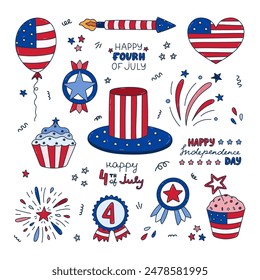 Cute set with colorful doodle patriotic symbols of USA Independence day. Fireworks, Uncle Sam hat, medal, cupcake, balloons, flag, lettering, etc. National signs for 4th July with hand drawn outline.