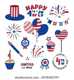 Cute set with colorful doodle patriotic symbols of USA Independence day. Fireworks, Uncle Sam hat, medal, cupcake, balloons, flag, lettering, etc. National signs for 4th July with hand drawn outline.