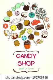 Cute set of colorful hand drawn doodle chocolate and caramel sweets. Cartoon poster with chocolate and lollipop candy collection.