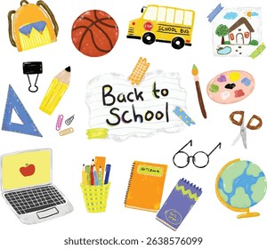 Cute set of colorful hand drawn back to school elements in pastel bright vibrant color doodle kids illustration watercolour crayon clipart vector