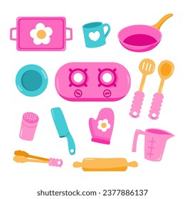 cute set colorful kitchenware utensils tools and baking ware vector illustration