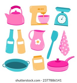 cute set colorful kitchenware utensils tools and baking ware vector illustration