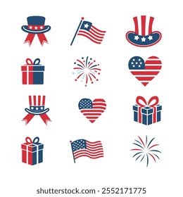Cute set of colorful patriotic icon with US celebration elements