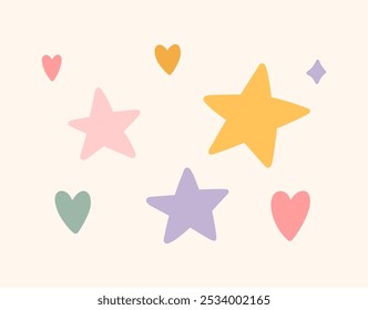 A cute set of colorful stars and hearts. Vector hand-drawn illustration in flat style. Perfect for decorations, various designs.
