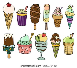Cute set of colorful tasty cartoon ice cream with sprinkles and fruits. Ideal elements for your summer desert menu. Doodle vector file isolated on white and organized in groups for easy editing.
