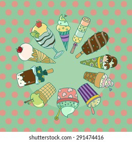 Cute set of colorful tasty cartoon ice cream.  Collection of ice cream with sprinkles and fruits. Ideal elements for your summer desert menu. Doodle vector organized in groups for easy editing.
