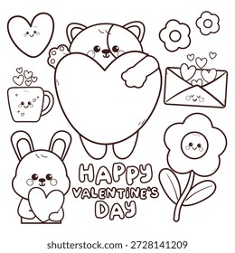 Lindo conjunto para colorear página de dibujos animados dibujados a mano gato y conejito con etiqueta engomada de elemento de San Valentín