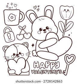 Lindo conjunto para colorear de dibujos animados dibujados a mano conejo y gato con etiqueta engomada de elemento de San Valentín