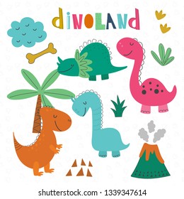 A Cute Set Of Colourful Dinosaurs, Vector Illustrations, Volcano, Plants And Tree.