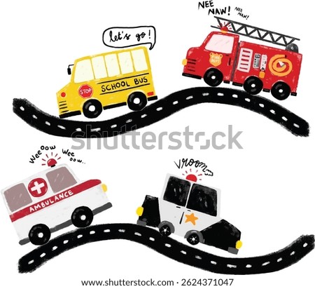 Cute set community emergency vehicles transportation winding road street crayon kids doodle crayon watercolour illustration police car school bus ambulance fire truck engine sound text word nursery