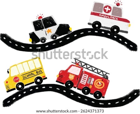 Cute set community rescue team vehicles transportation winding road street crayon kids doodle crayon watercolour illustration police car school bus ambulance fire truck engine nursery