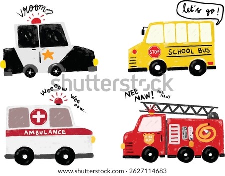 Cute set community rescue team emergency vehicles transportation road street crayon kids doodle crayon watercolour illustration