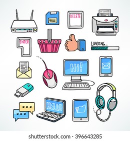 cute set of computer icons on white background. hand-drawn illustration