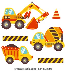 Cute set construction equipment for different purposes. Vector illustration isolated on white background