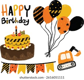 cute set construction site element kids boy birthday party celebration invitation card design theme in orange black yellow colorful bright vibrant color heavy machinery digger crane clipart