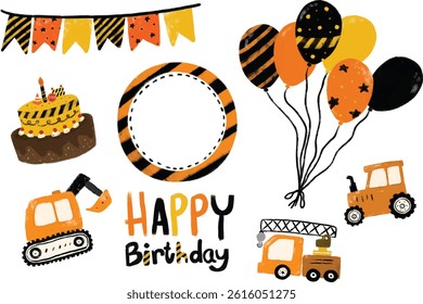 cute set construction site element kids boy birthday party frame celebration invitation card design theme in orange black yellow colorful bright vibrant color heavy machinery digger crane clipart