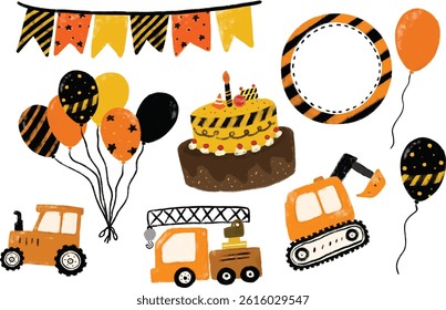 cute set construction site kids boy birthday party frame celebration invitation card design theme in orange black yellow colorful bright vibrant color heavy machinery digger crane clipart vector