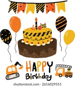 cute set construction site kids boy birthday party card celebration invitation card design theme in orange black yellow colorful bright vibrant color heavy machinery digger crane clipart vector