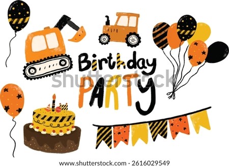 cute set construction site kids boy birthday party celebration invitation card design theme in orange black yellow colorful bright vibrant color heavy machinery digger crane clipart vector