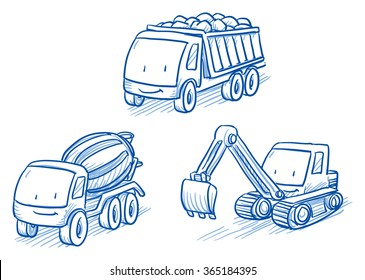 Cute set of construction set vehicles, cars, trucks, digger, crane,  Hand drawn vector cartoon doodle illustration