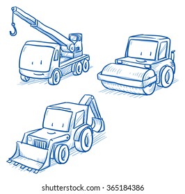 Cute set of construction set vehicles, crane truck, digger, road roller,  Hand drawn vector cartoon doodle illustration