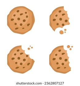 Cute set of cookies on an isolated white background, bitten cookies cooked at home with a chocolate chip, vector illustration 10 eps, homemade cakes with chocolates,
desserts