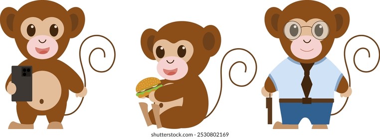 
Cute set of a cool cartoon monkey doing modern things. Eats a burger, goes to work, takes a selfie. Illustration for print, postcard, design, social networks. Vector graphics, eps10